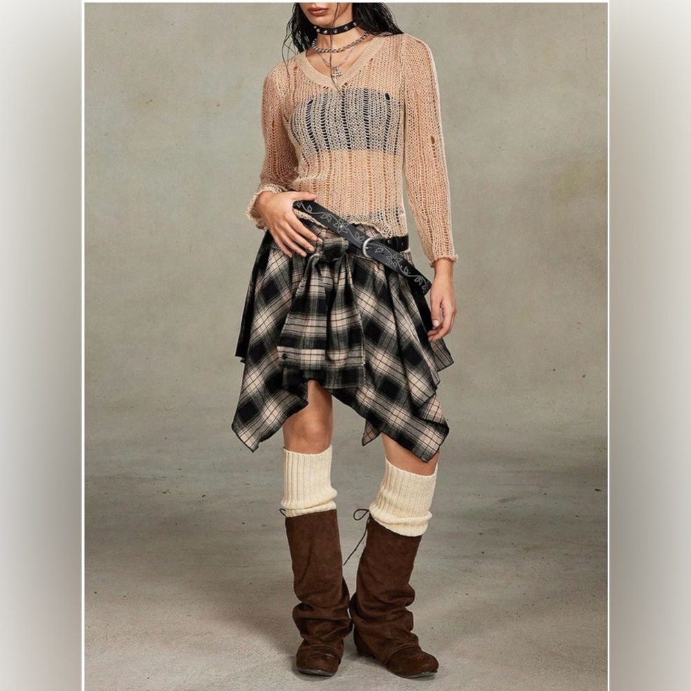Plaid Skirt with Knit Top and Brown Boots